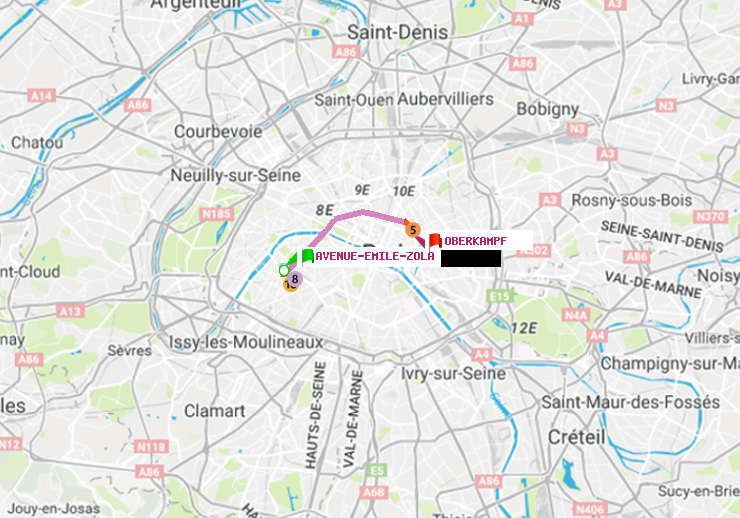 plan itinéraire ratp de Avenue Emile-Zola à Oberkampf