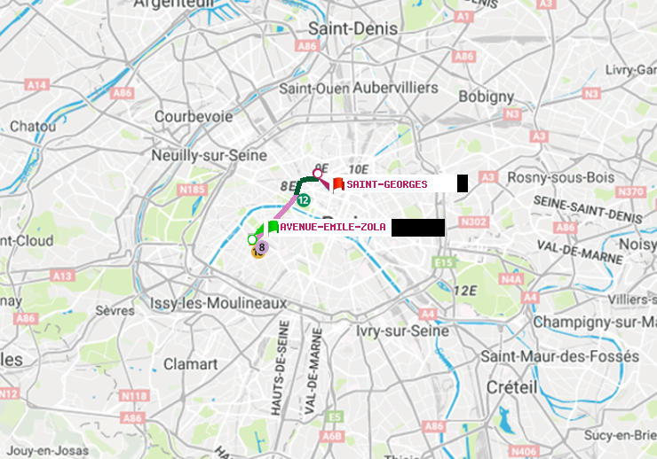 plan itinéraire ratp de Avenue Emile-Zola à Saint-Georges