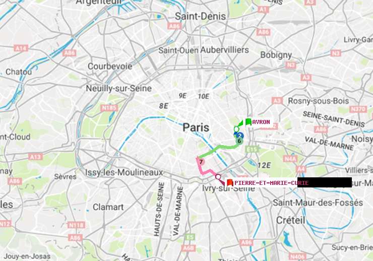 plan itinéraire ratp de Avron à Pierre et Marie Curie