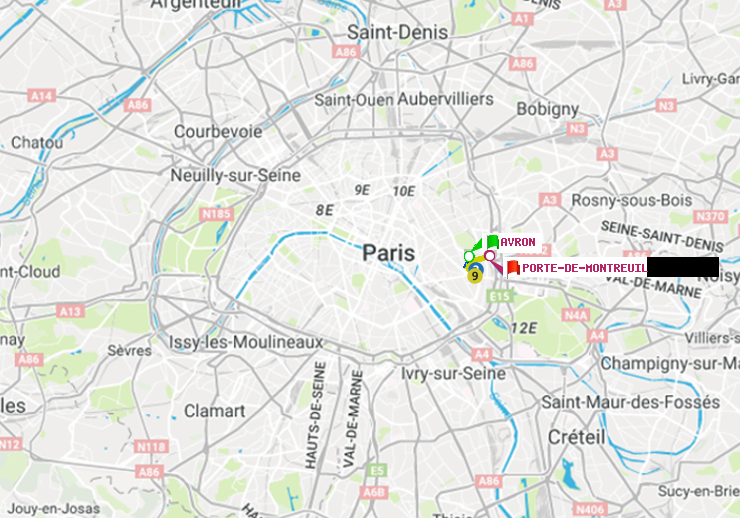plan itinéraire ratp de Avron à Porte de Montreuil