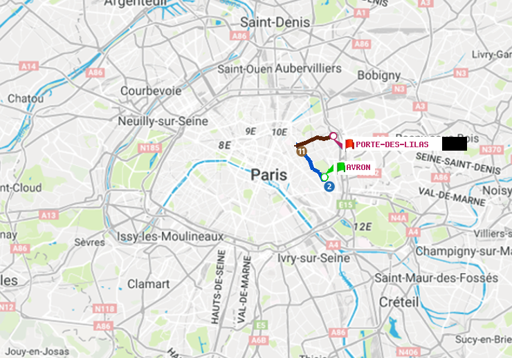 plan itinéraire ratp de Avron à Porte des Lilas