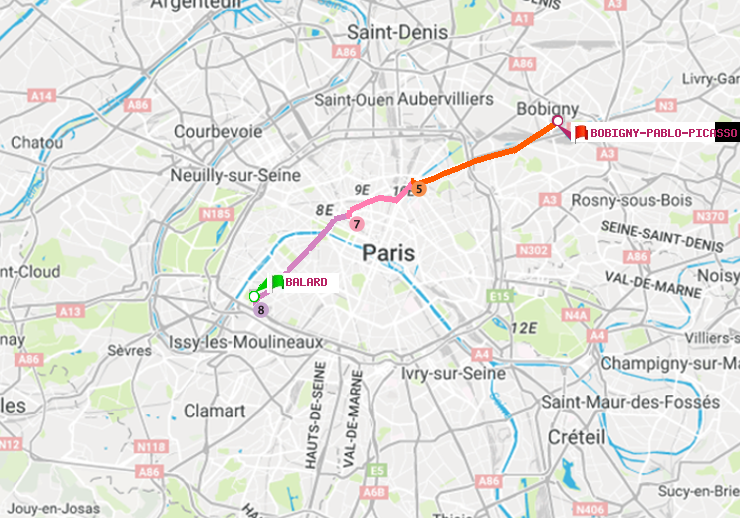 plan itinéraire ratp de Balard à Bobigny-Pablo-Picasso