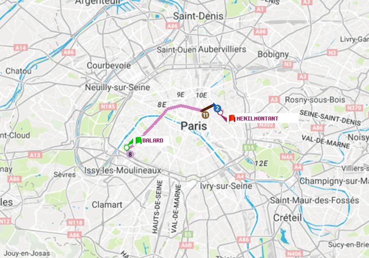 plan itinéraire ratp de Balard à Ménilmontant