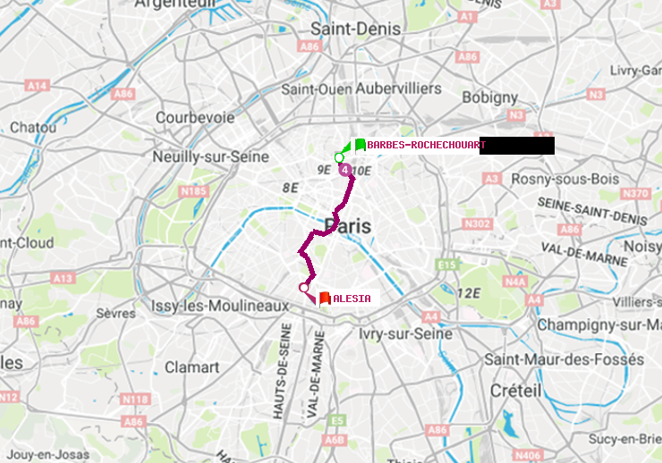 plan itinéraire ratp de Barbès-Rochechouart à Alésia