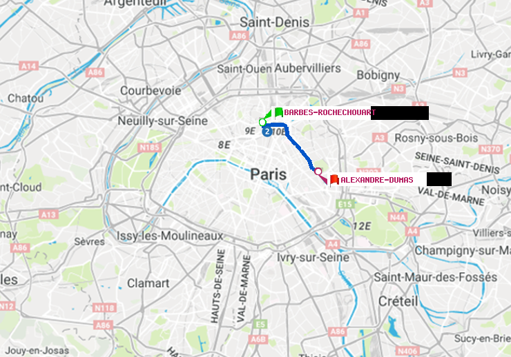 plan itinéraire ratp de Barbès-Rochechouart à Alexandre-Dumas