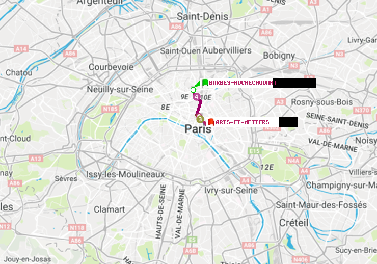 plan itinéraire ratp de Barbès-Rochechouart à Arts-et-Métiers