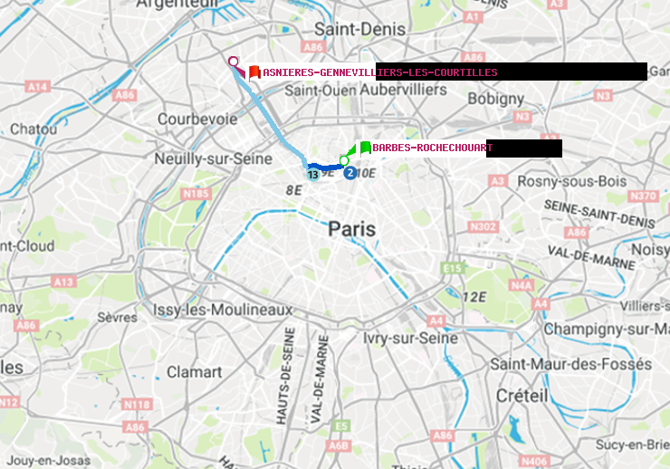 plan itinéraire ratp de Barbès-Rochechouart à Asnieres-Gennevilliers Les Courtilles