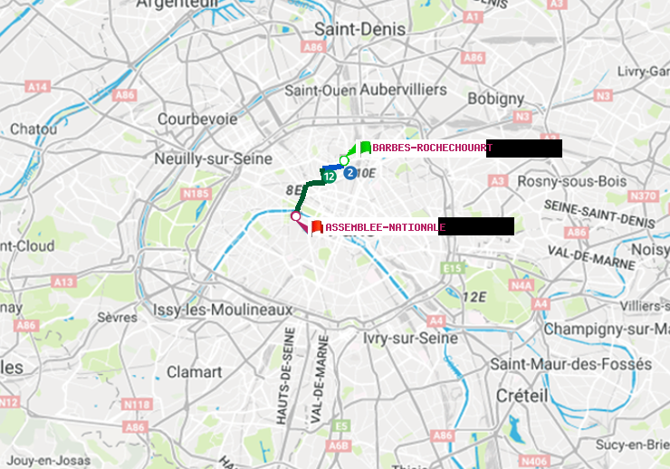 plan itinéraire ratp de Barbès-Rochechouart à Assemblée Nationale