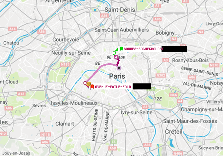 plan itinéraire ratp de Barbès-Rochechouart à Avenue Emile-Zola