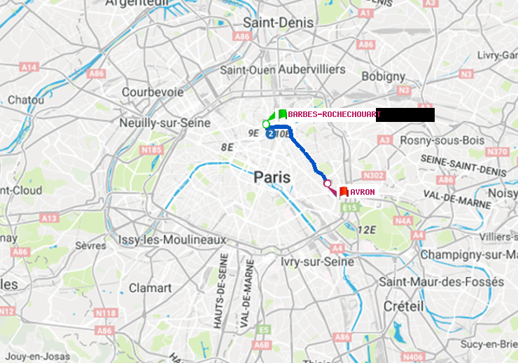 plan itinéraire ratp de Barbès-Rochechouart à Avron