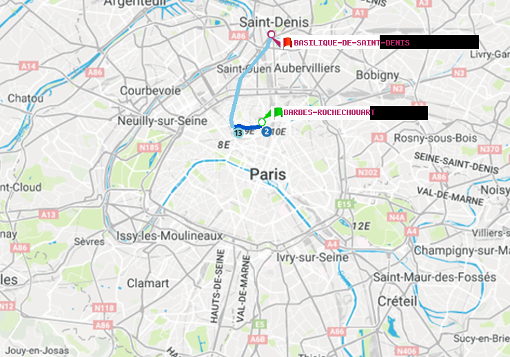 plan itinéraire ratp de Barbès-Rochechouart à Basilique de Saint-Denis