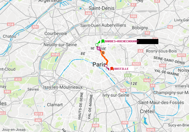 plan itinéraire ratp de Barbès-Rochechouart à Bastille