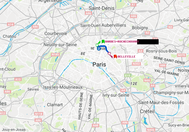 plan itinéraire ratp de Barbès-Rochechouart à Belleville