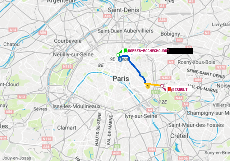 plan itinéraire ratp de Barbès-Rochechouart à Bérault