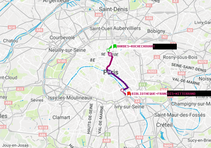 plan itinéraire ratp de Barbès-Rochechouart à Bibliotheque-Francois Mitterrand
