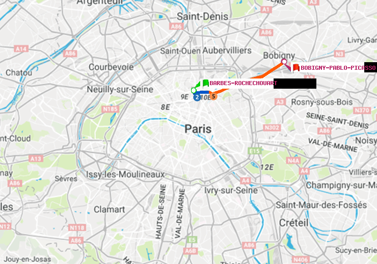 plan itinéraire ratp de Barbès-Rochechouart à Bobigny-Pablo-Picasso