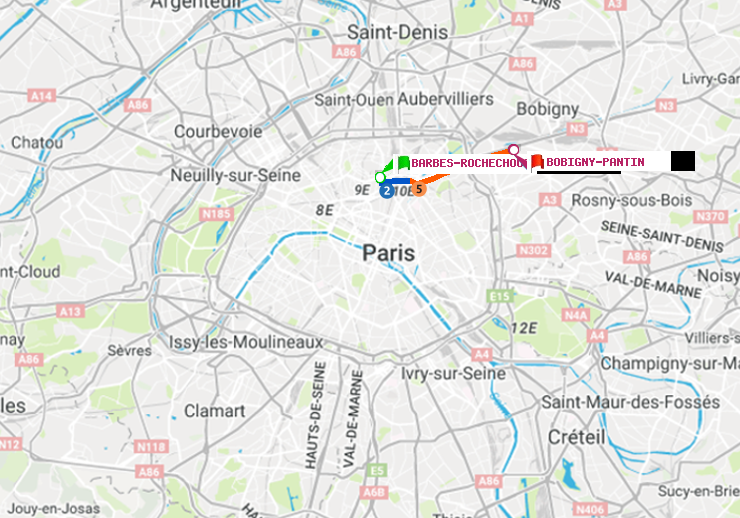 plan itinéraire ratp de Barbès-Rochechouart à Bobigny-Pantin (Raymond Queneau)