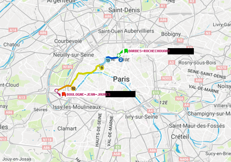 plan itinéraire ratp de Barbès-Rochechouart à Boulogne-Jean-Jaurès