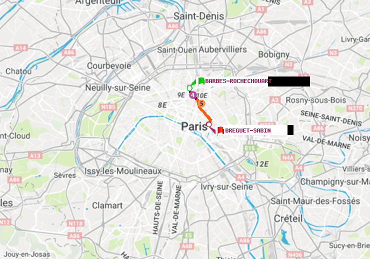 plan itinéraire ratp de Barbès-Rochechouart à Bréguet-Sabin