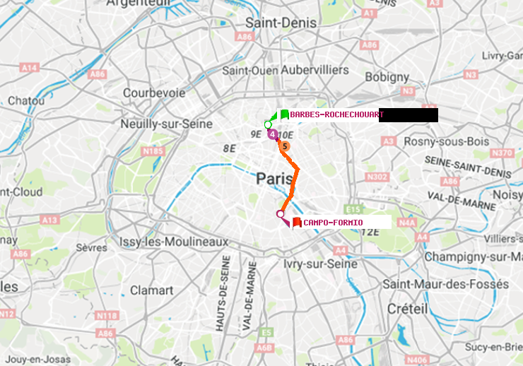 plan itinéraire ratp de Barbès-Rochechouart à Campo-Formio
