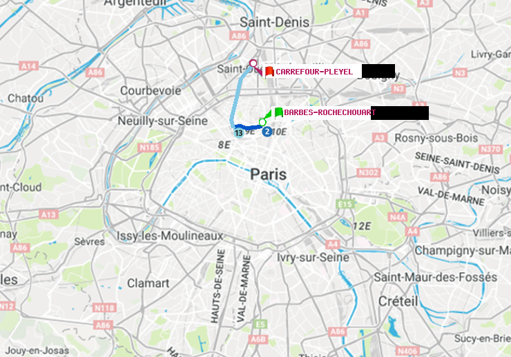 plan itinéraire ratp de Barbès-Rochechouart à Carrefour-Pleyel