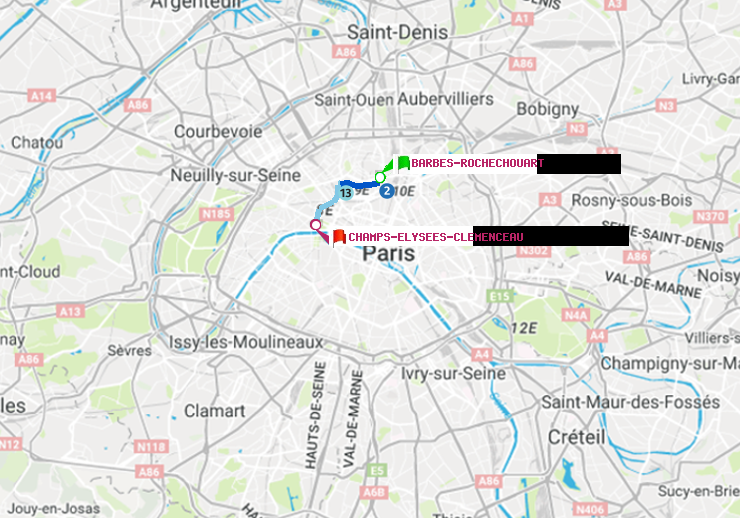 plan itinéraire ratp de Barbès-Rochechouart à Champs-Elysées-Clémenceau