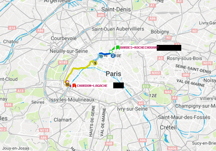 plan itinéraire ratp de Barbès-Rochechouart à Chardon-Lagache