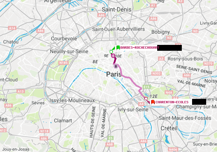 plan itinéraire ratp de Barbès-Rochechouart à Charenton-Ecoles