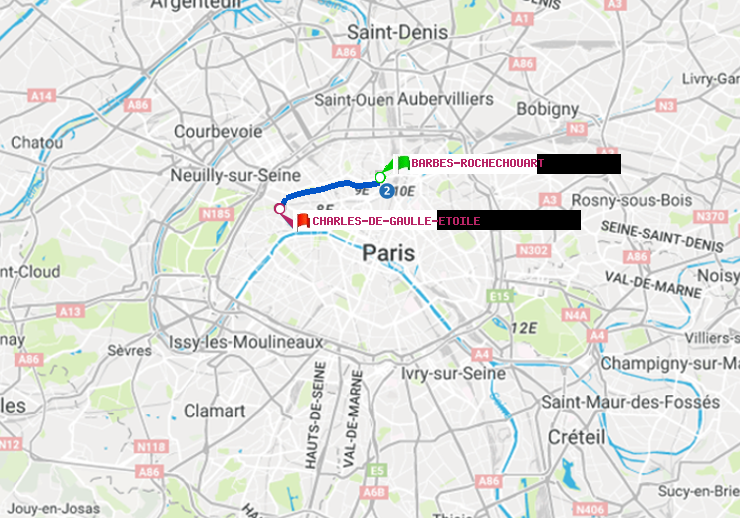 plan itinéraire ratp de Barbès-Rochechouart à Charles de Gaulle-Etoile
