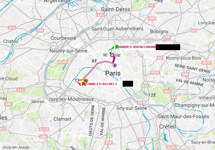 plan itinéraire ratp de Barbès-Rochechouart à Charles Michels