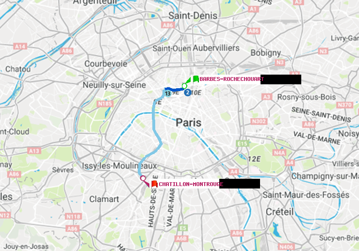 plan itinéraire ratp de Barbès-Rochechouart à Châtillon Montrouge