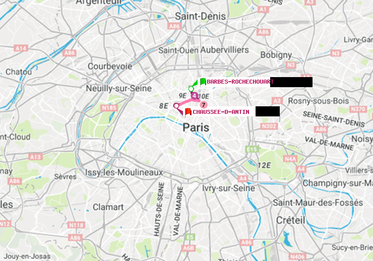 plan itinéraire ratp de Barbès-Rochechouart à Chaussée d