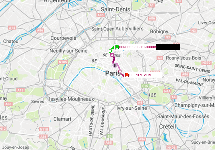 plan itinéraire ratp de Barbès-Rochechouart à Chemin Vert