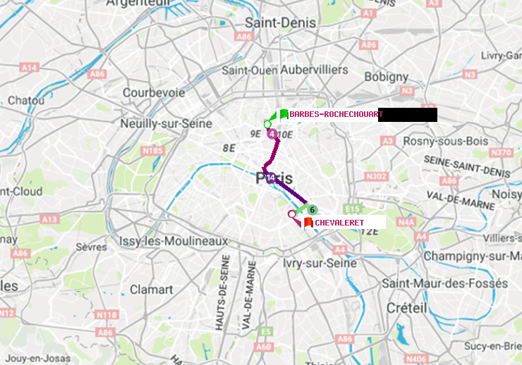 plan itinéraire ratp de Barbès-Rochechouart à Chevaleret