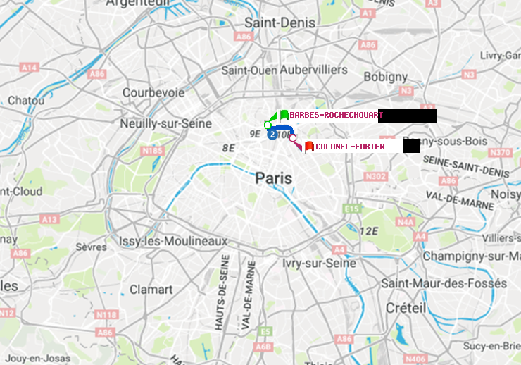 plan itinéraire ratp de Barbès-Rochechouart à Colonel Fabien
