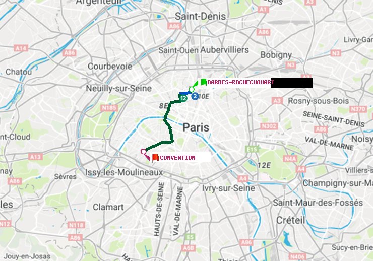 plan itinéraire ratp de Barbès-Rochechouart à Convention