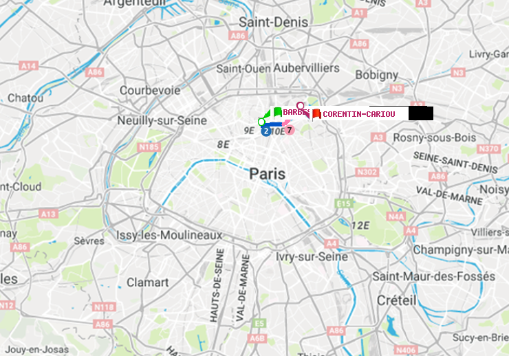 plan itinéraire ratp de Barbès-Rochechouart à Corentin-Cariou