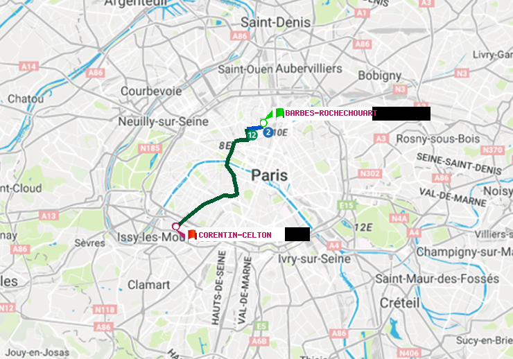 plan itinéraire ratp de Barbès-Rochechouart à Corentin-Celton