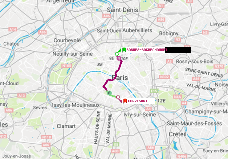 plan itinéraire ratp de Barbès-Rochechouart à Corvisart