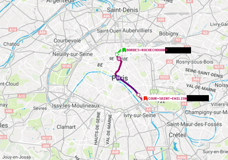 plan itinéraire ratp de Barbès-Rochechouart à Cour Saint-Emilion