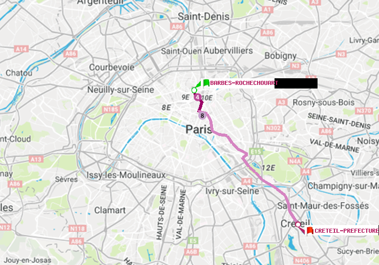 plan itinéraire ratp de Barbès-Rochechouart à Créteil-Préfecture (Hôtel de Ville)