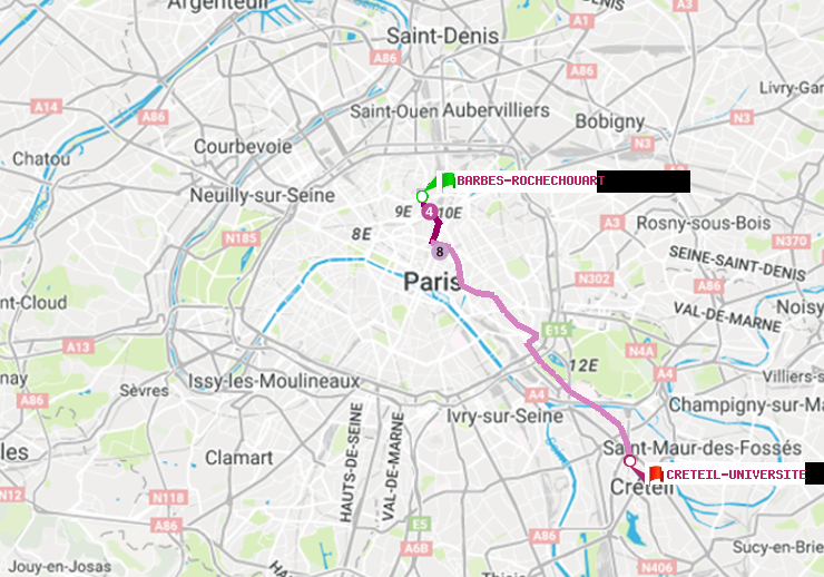 plan itinéraire ratp de Barbès-Rochechouart à Créteil-Université