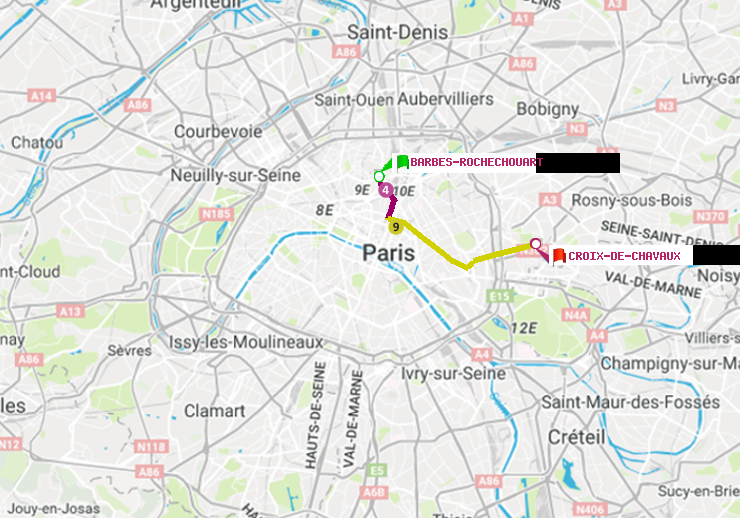 plan itinéraire ratp de Barbès-Rochechouart à Croix-de-Chavaux (Jacques Duclos)