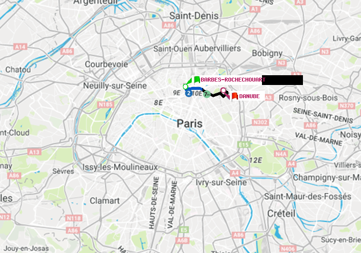 plan itinéraire ratp de Barbès-Rochechouart à Danube