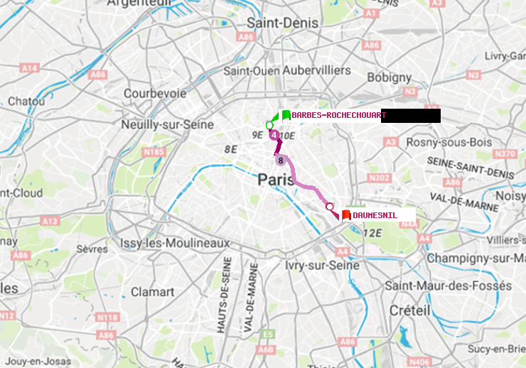 plan itinéraire ratp de Barbès-Rochechouart à Daumesnil (Félix Eboué)