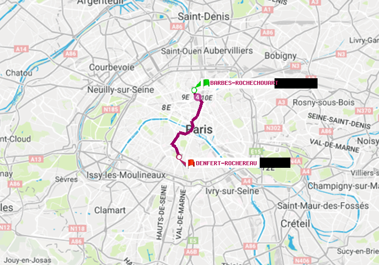 plan itinéraire ratp de Barbès-Rochechouart à Denfert-Rochereau