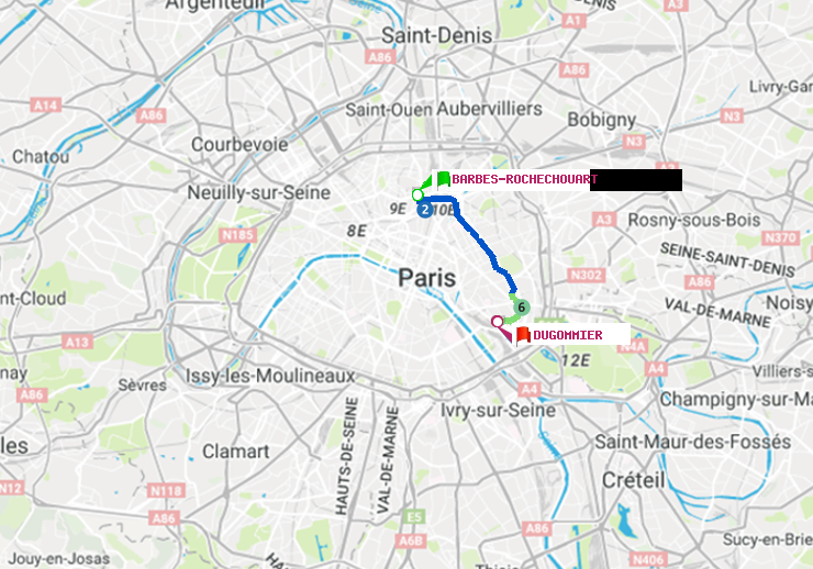 plan itinéraire ratp de Barbès-Rochechouart à Dugommier