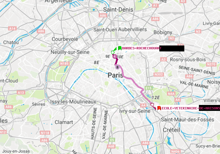 plan itinéraire ratp de Barbès-Rochechouart à Ecole Vétérinaire de Maisons-Alfort