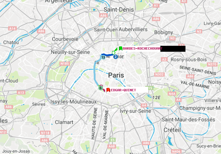plan itinéraire ratp de Barbès-Rochechouart à Edgar-Quinet