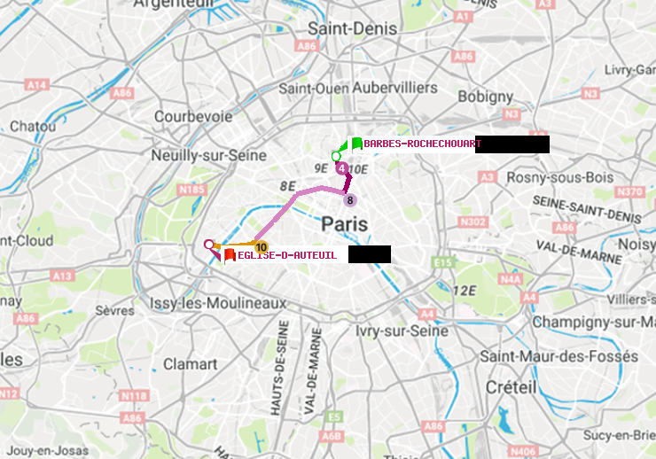 plan itinéraire ratp de Barbès-Rochechouart à Eglise d